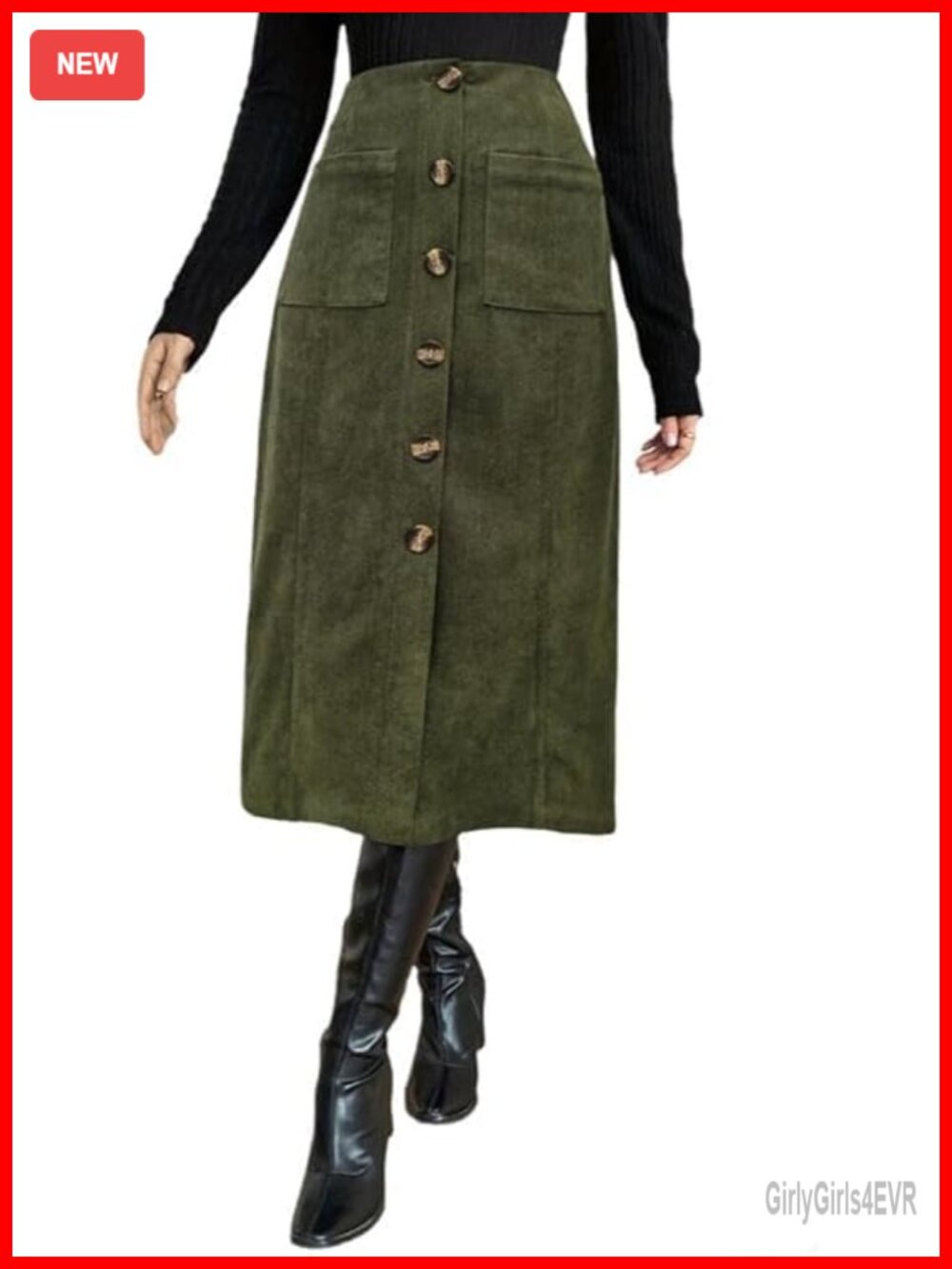 Corduroy Midi Skirt High Waisted Elastic Waist Pockets Fall Winter Office